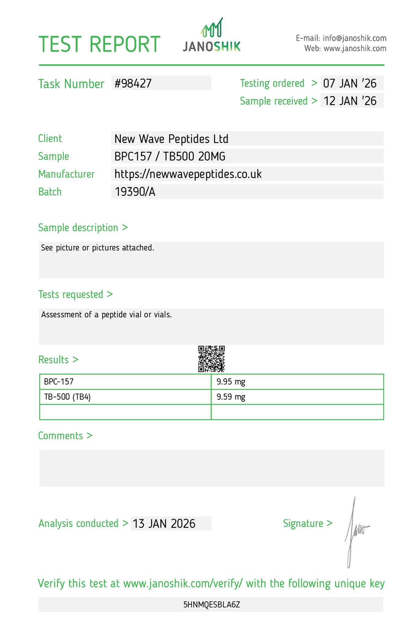 Janoshik Test Report BPC-157