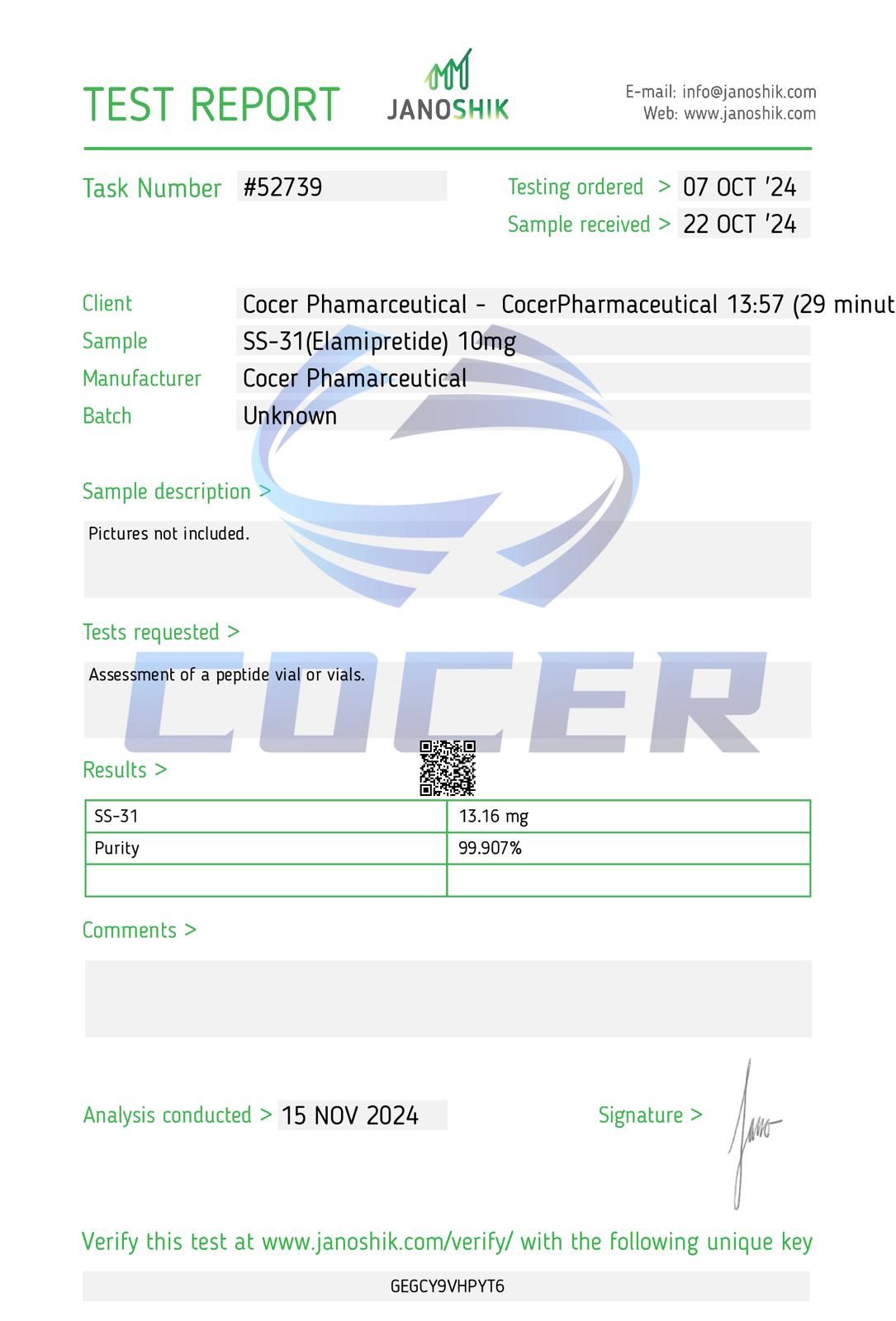 Janoshik Test Report Retatrutide