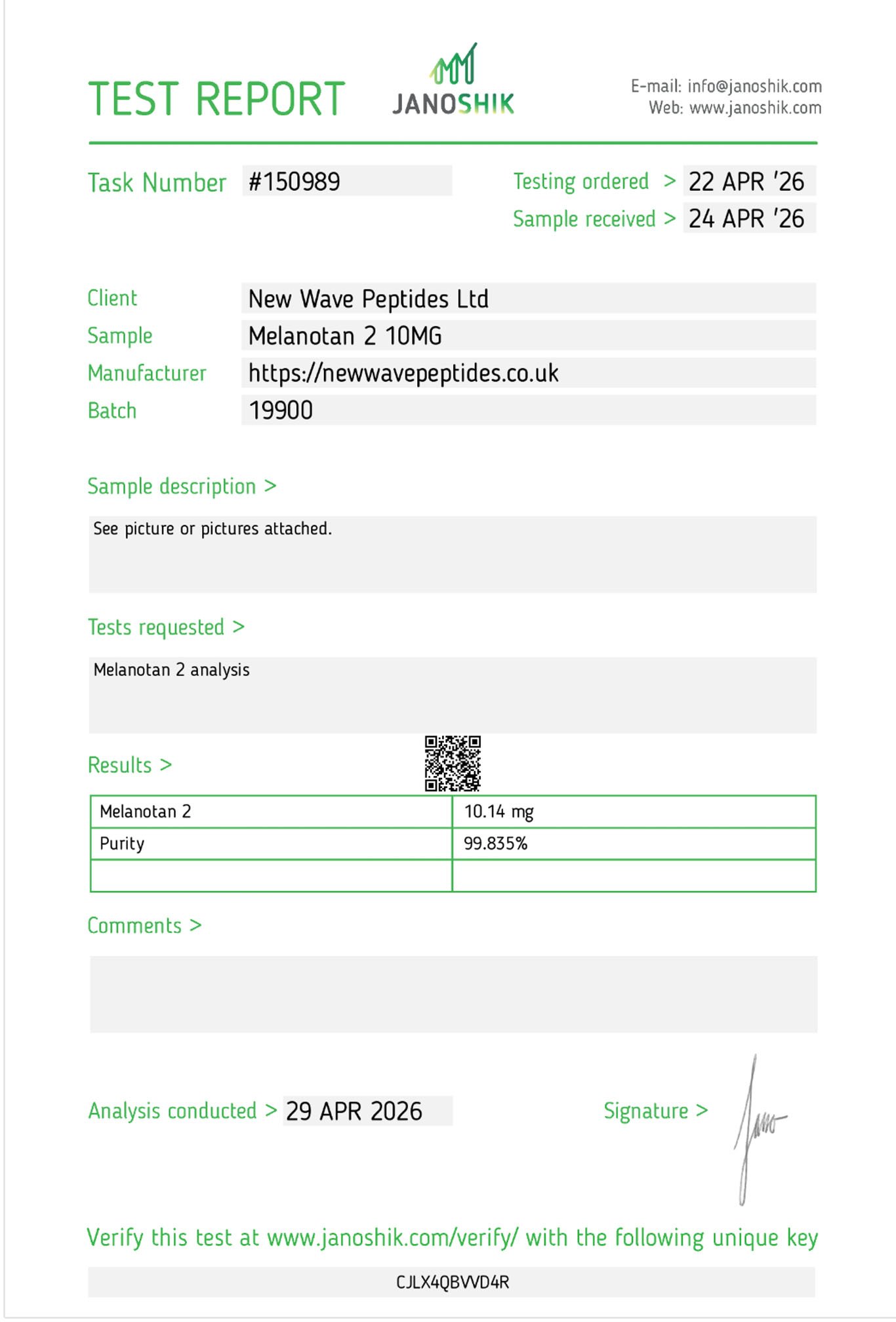 Janoshik Test Report Melanotan 10mg Research Peptide