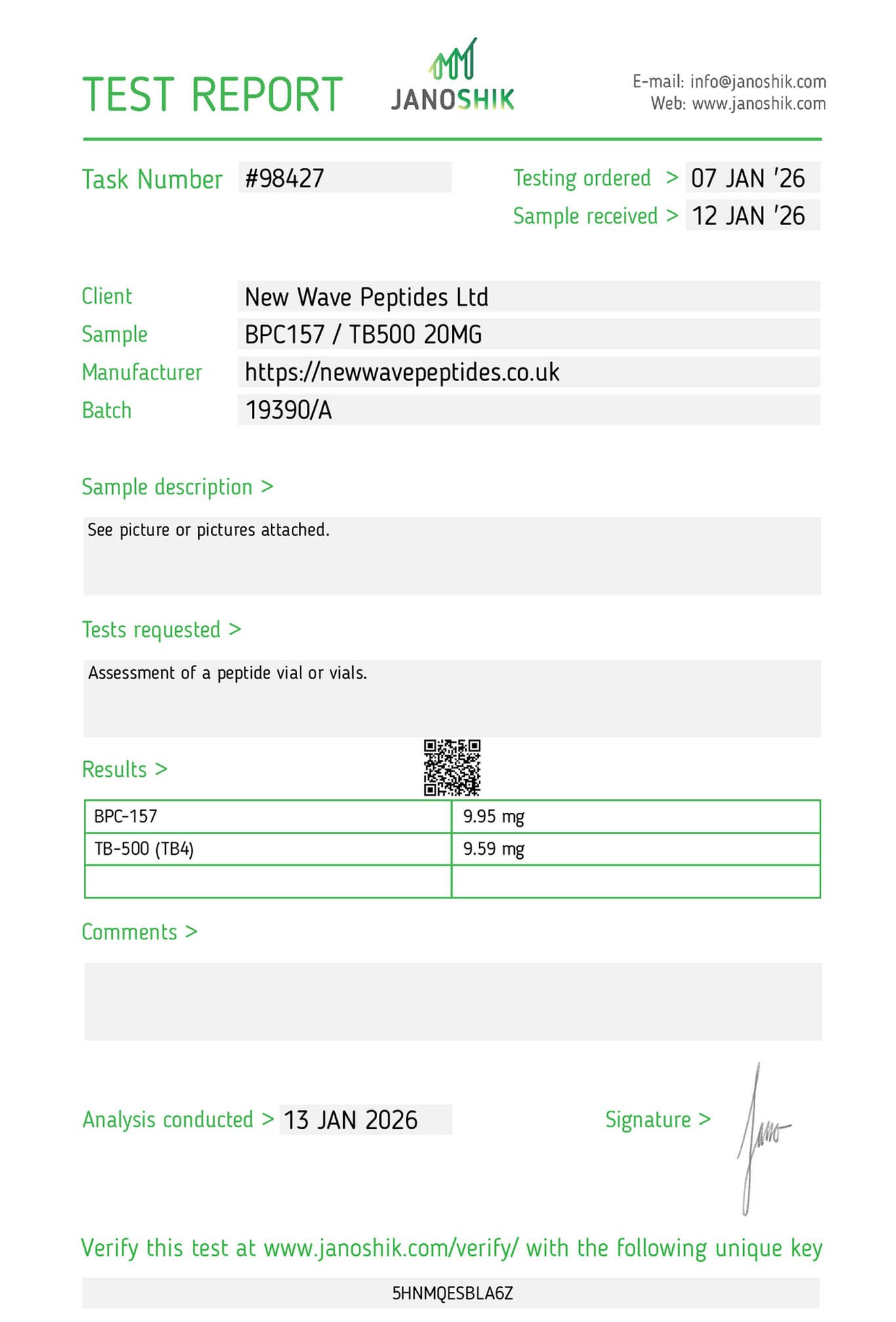 Janoshik Test Report BPC-157