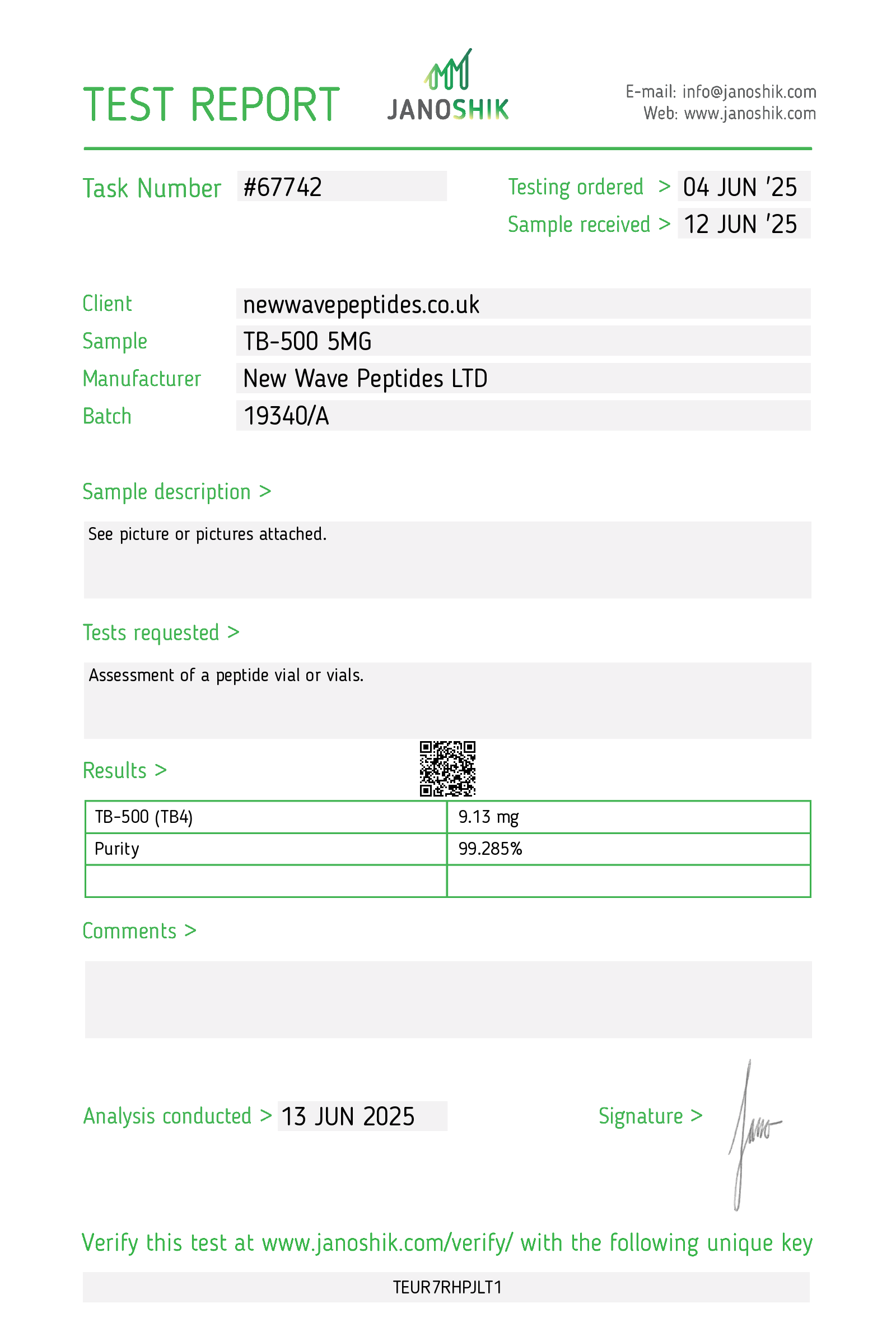 Janoshik Test Report Retatrutide