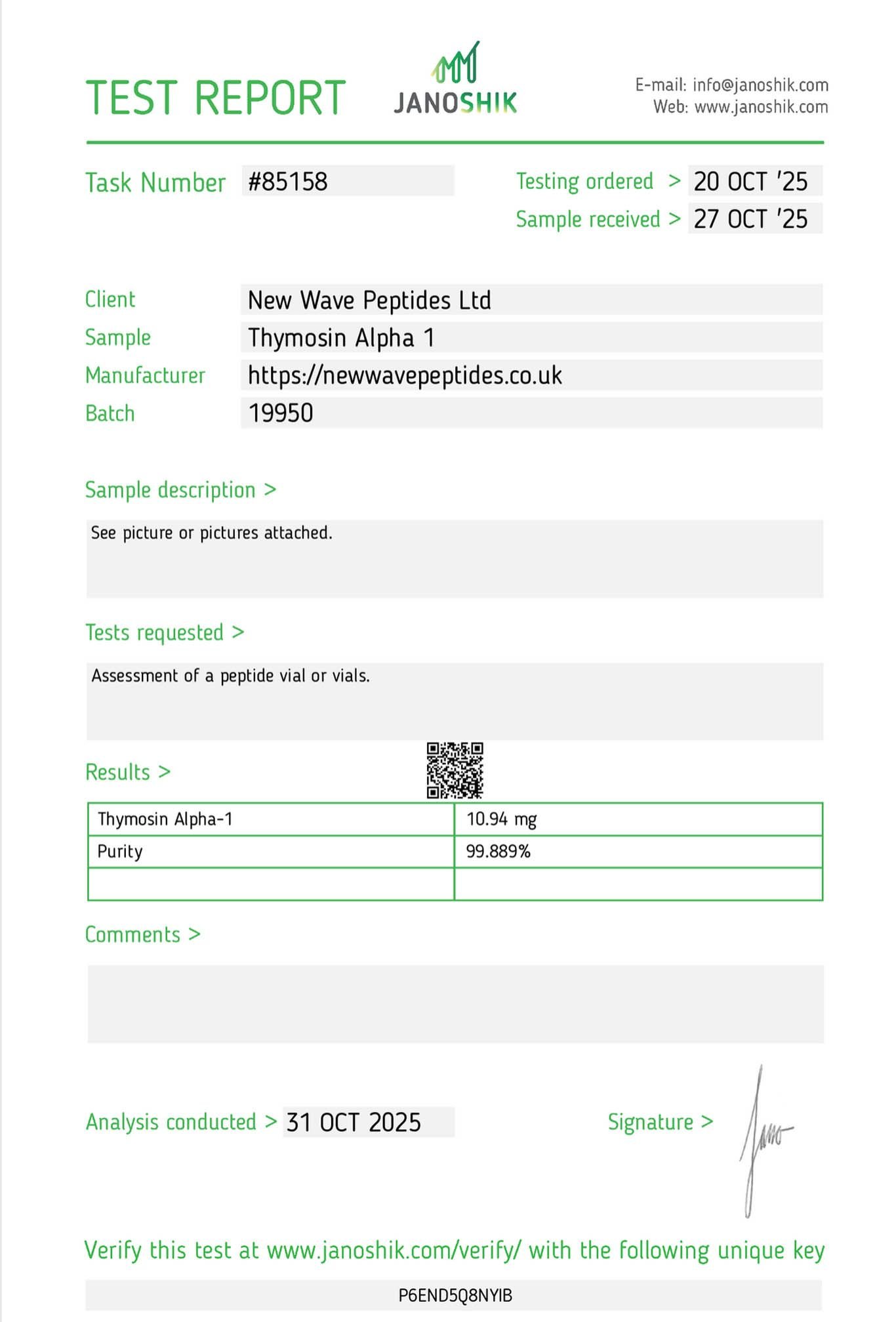 Janoshik Test Report Thymosin A1 10mg