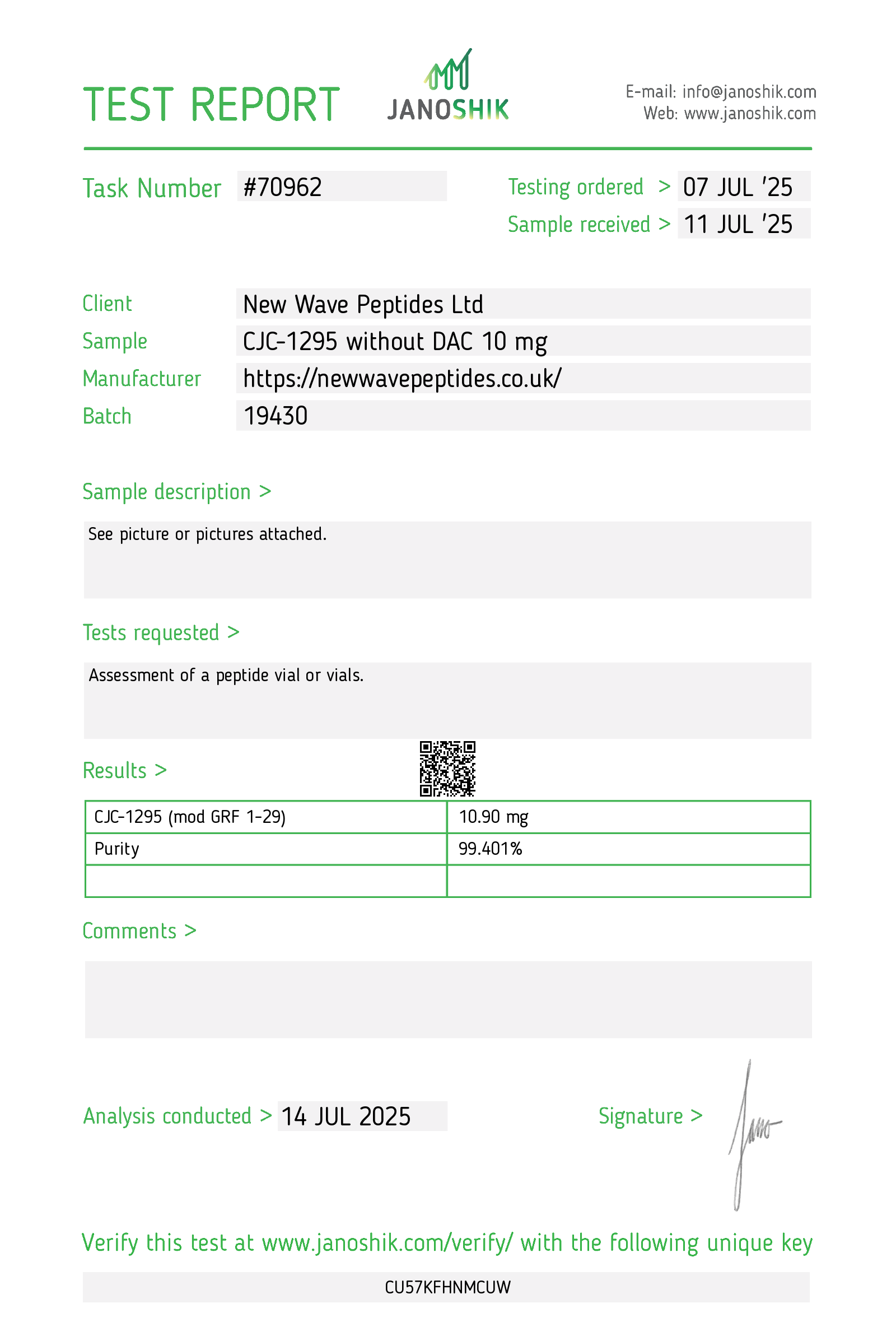 Janoshik Test Report Retatrutide