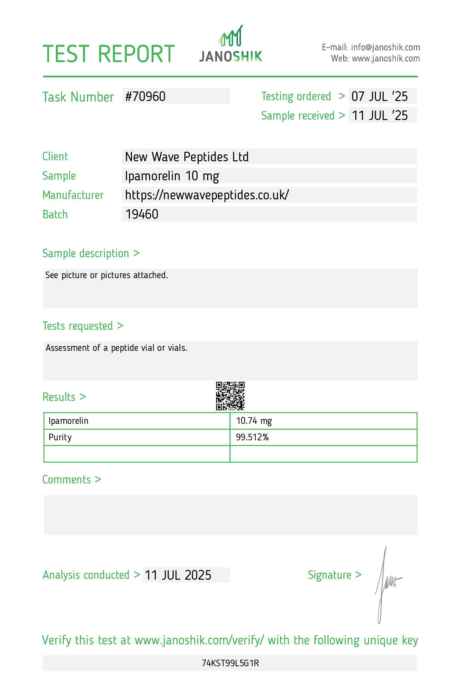 Janoshik Test Report Ipamorelin