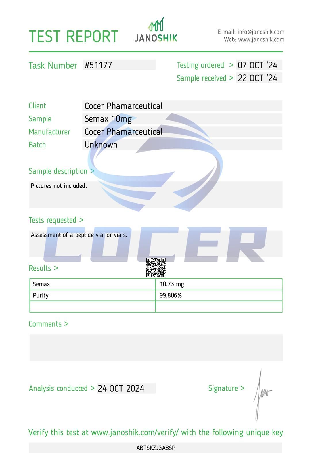 Janoshik Test Report Semax