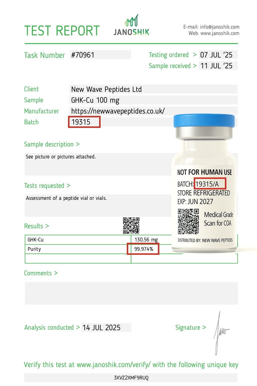 Janoshik Test Report BPC-157 99.779% Purity