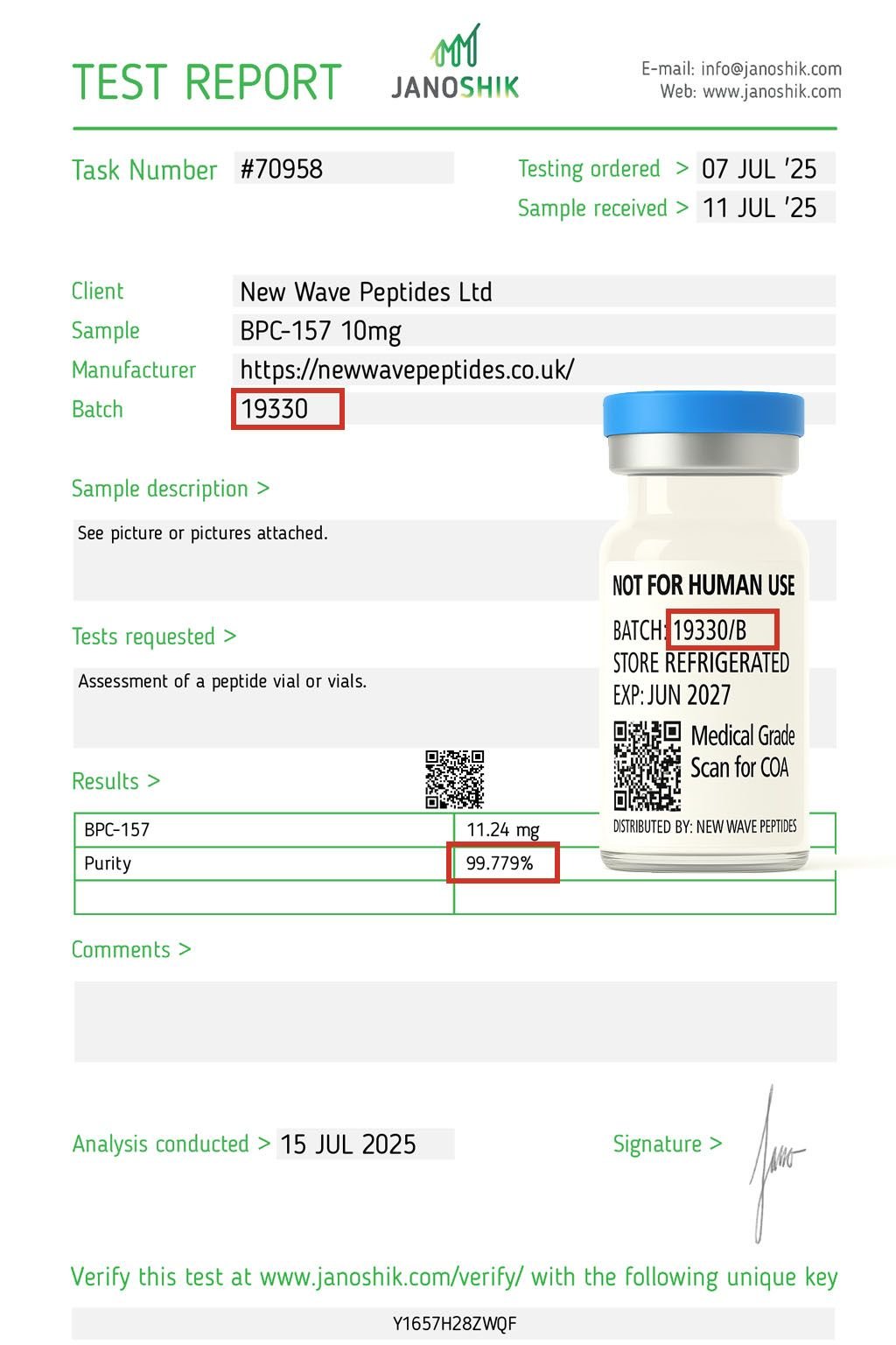 Janoshik Test Report BPC-157 99.779% Purity