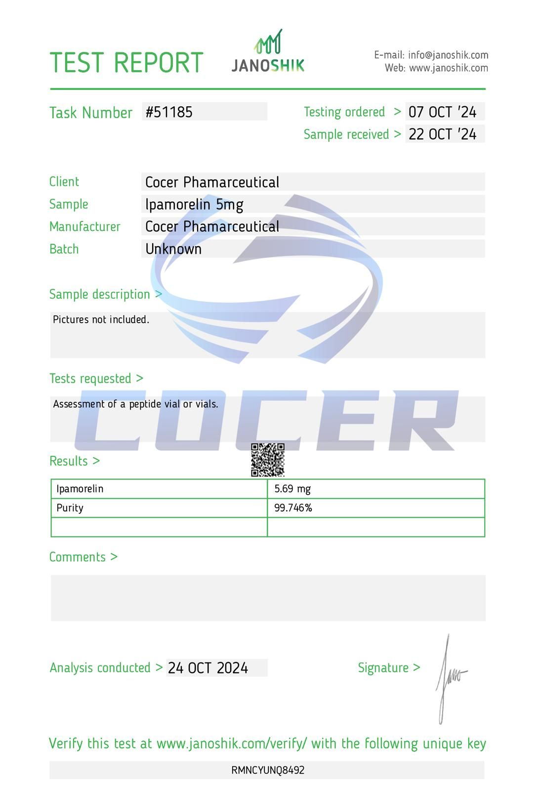 Janoshik Test Report Ipamorelin