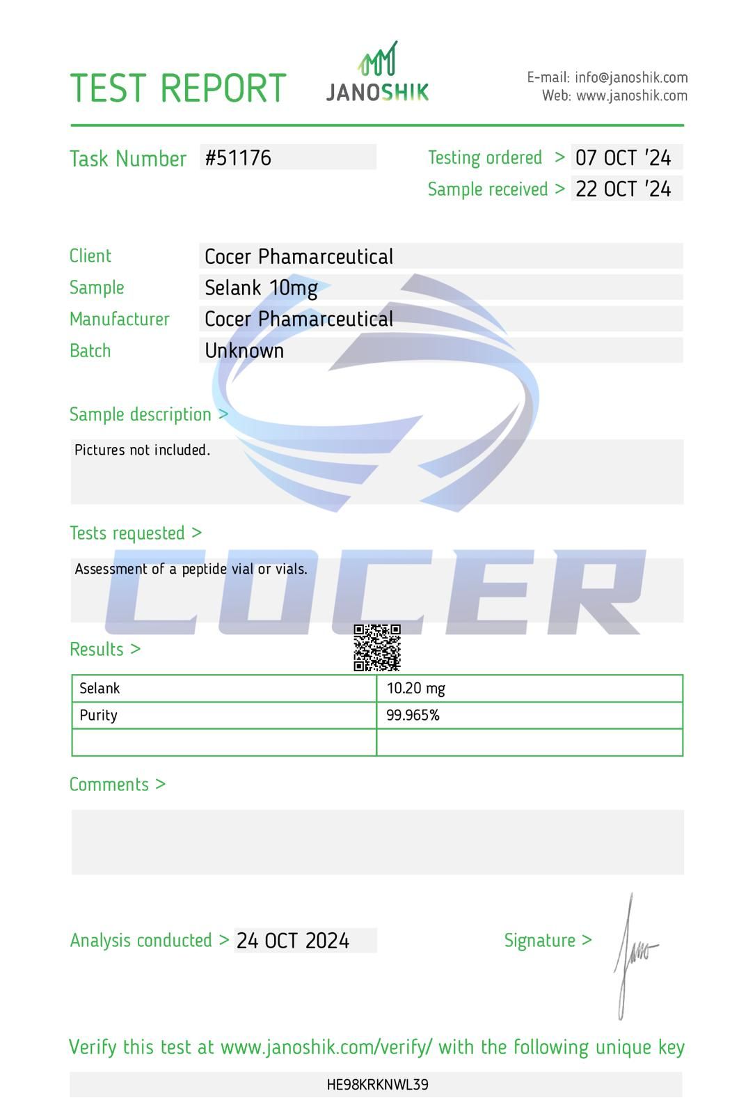 Janoshik Test Report Selank