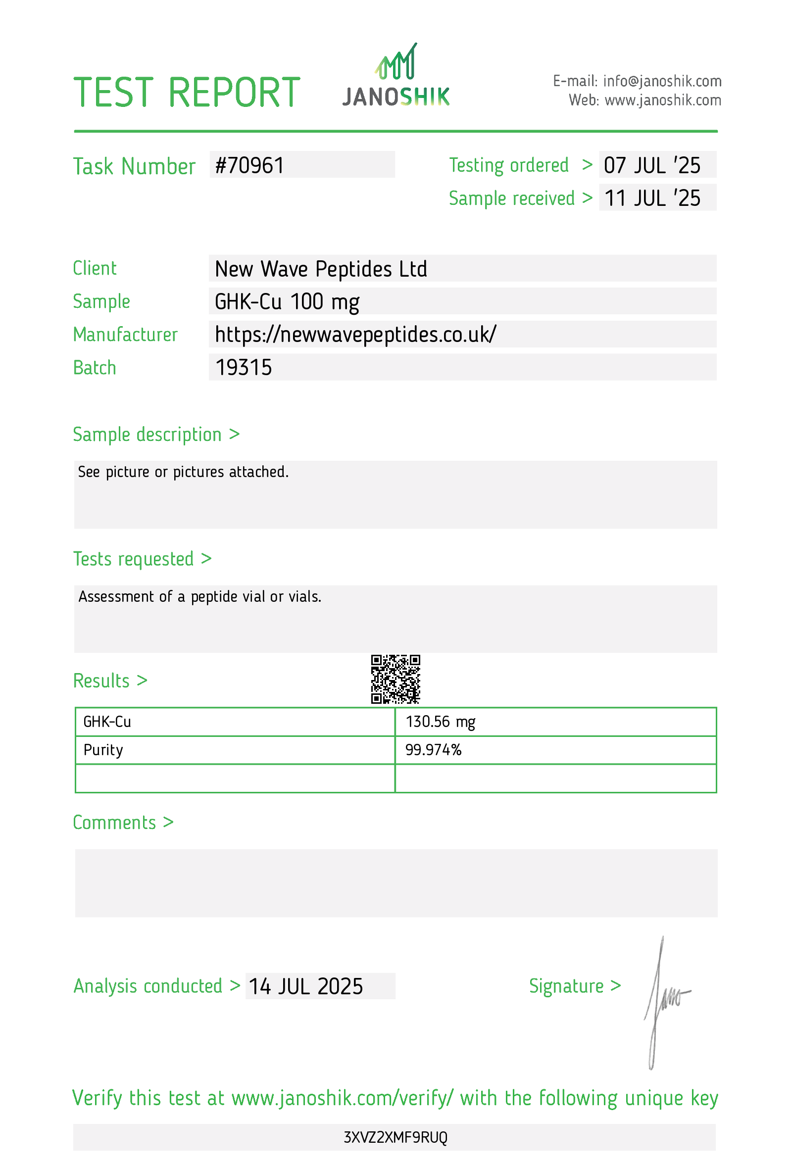 Janoshik Test Report GHK-Cu 19315