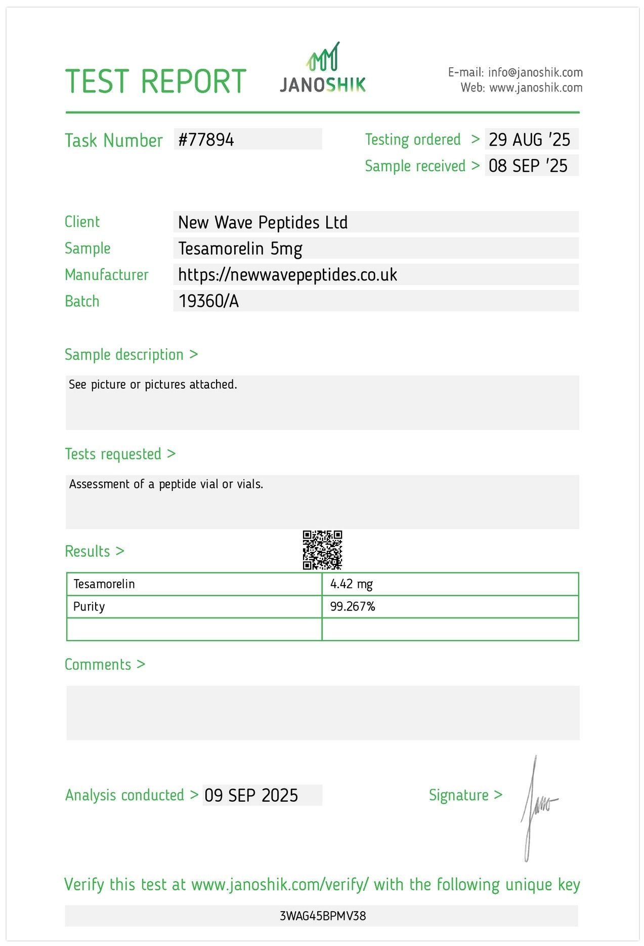 Janoshik Test Report Tesamorelin Peptide