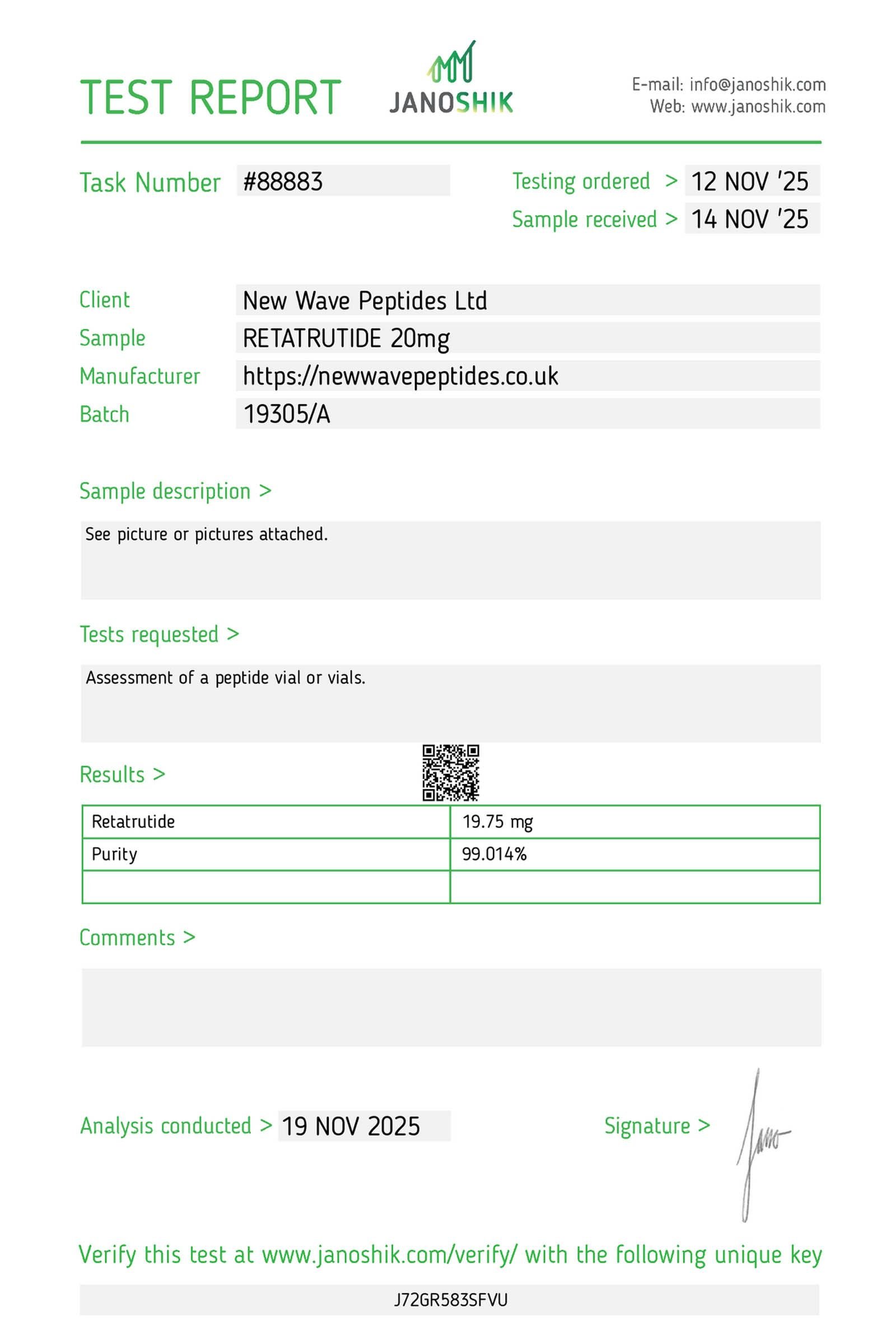 Janoshik Test Report Retatrutide