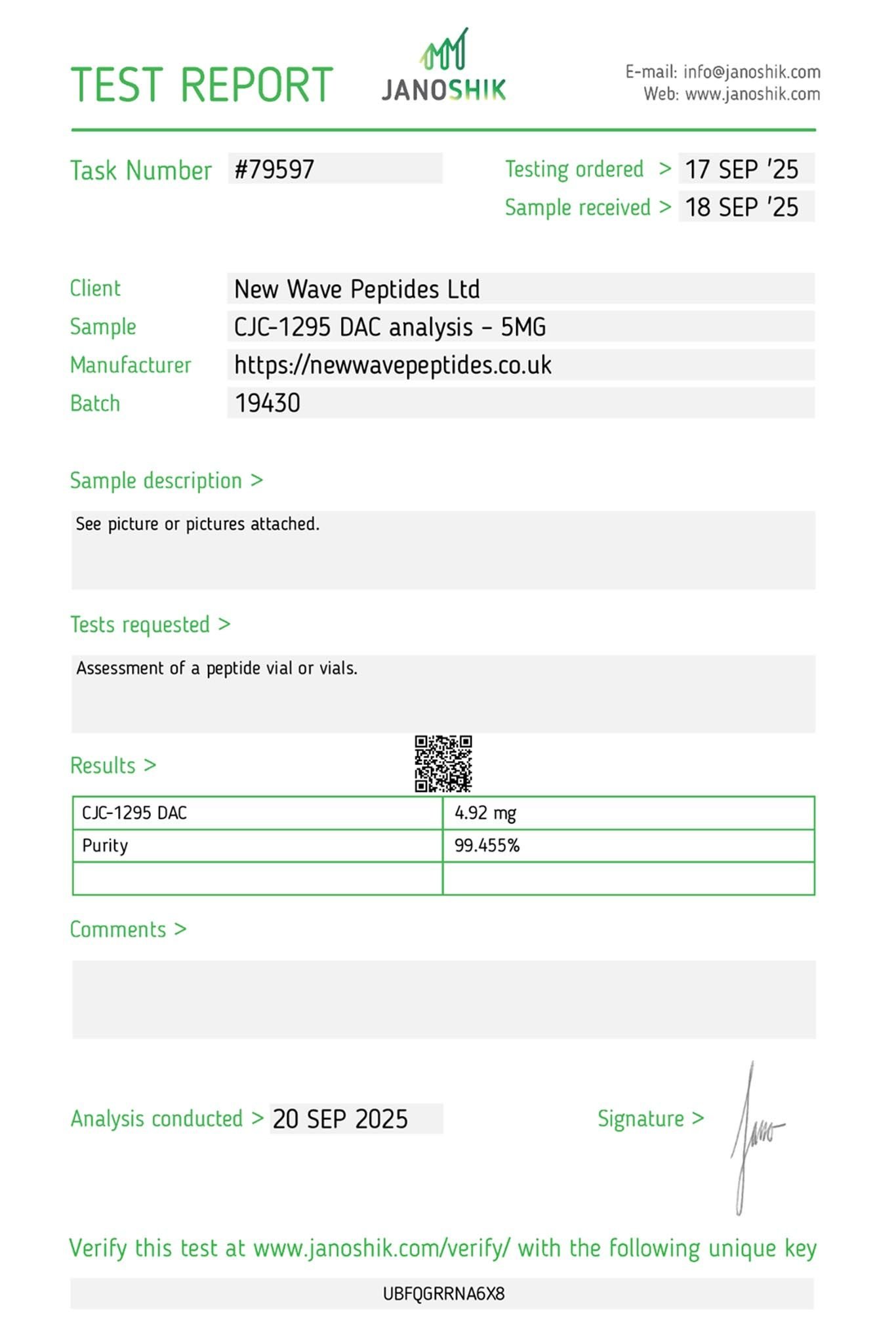 Janoshik Test Report CJC-1295 with DAC